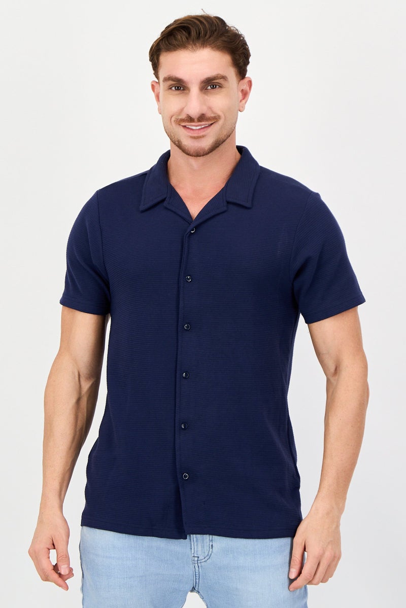 Threadbare Men Regular Fit Textured Short Sleeve Casual Shirt, Dark Navy - Image 1